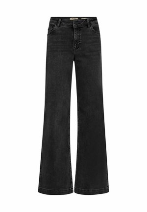 Schwarze Jeans mit weitem Bein, hoher Taille, klassischem Fünf-Taschen-Design und passendem Nähten für einen eleganten Look.