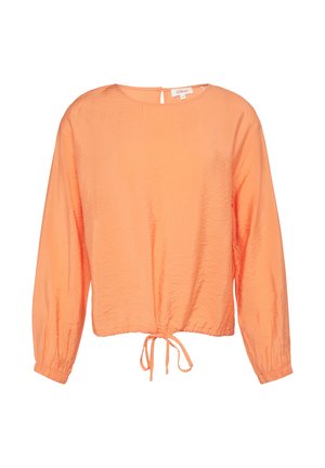 Lichtgewicht, gekreukt oranje blouse met een ronde halslijn, lange mouwen en een strikdetail in de taille. Beschikt over een keyhole-opening aan de achterkant.