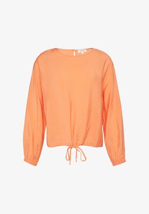 Lichtgewicht, gekreukt oranje blouse met een ronde halslijn, lange mouwen en een strikdetail in de taille. Beschikt over een keyhole-opening aan de achterkant.