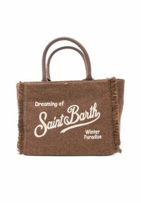Brun herringbone taske med frynset kant, med broderierne "Dreaming of Saint Barth" og "Winter Paradise" i hvid. Dobbelt håndtag.
