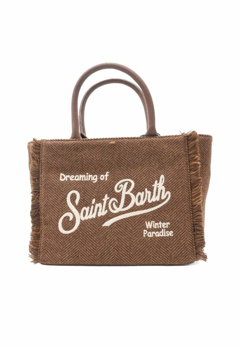 Brun herringbone taske med frynset kant, med broderierne "Dreaming of Saint Barth" og "Winter Paradise" i hvid. Dobbelt håndtag.