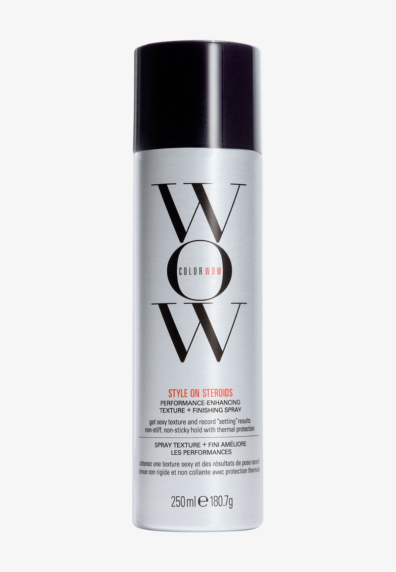 Bomboletta spray cilindrica argento con tappo nero etichettata "WOW Color Wow Style on Steroids", spray per texture e finishing dei capelli, 250 ml.