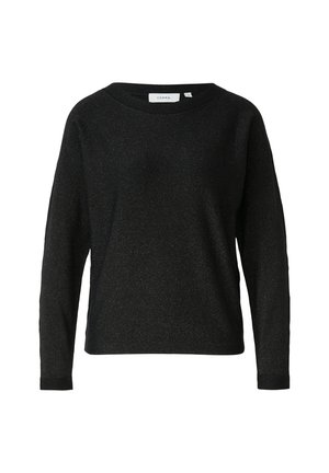 Zwarte lange mouwen crewneck trui met subtiele metallic glans en een rechte zoom, weergegeven op een witte achtergrond.