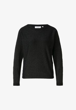 Zwarte lange mouwen crewneck trui met subtiele metallic glans en een rechte zoom, weergegeven op een witte achtergrond.