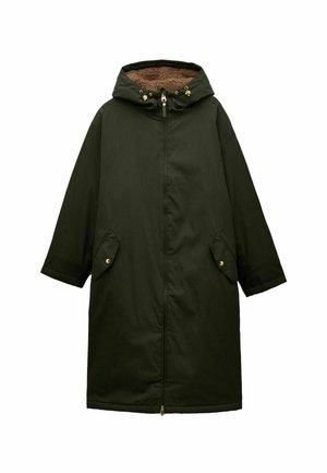 Langer, dunkelgrüner Mantel mit Reißverschluss vorne, verstellbare Kapuze und braunem Fleecefutter. Verfügt über Druckknopf-Seitentaschen und eine lockere Passform.