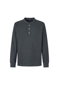 Maglietta henley a maniche lunghe di colore grigio scuro con colletto rotondo, placket a tre bottoni e texture a coste.