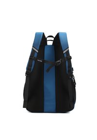 Zaino blu e nero con un design elegante, spallacci regolabili, texture in rete, dettagli riflettenti e diverse tasche con zip.