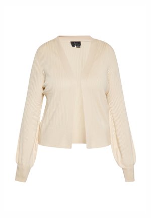 Cremefarvet ribbet cardigan med V-hals, åben front og ballonsleeves. Lavet af blødt materiale med tekstureret syning hele vejen igennem.