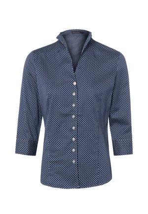 Marineblauw overhemd met knopen, wit geometrisch patroon, driekwarts mouwen en een opstaande kraag.