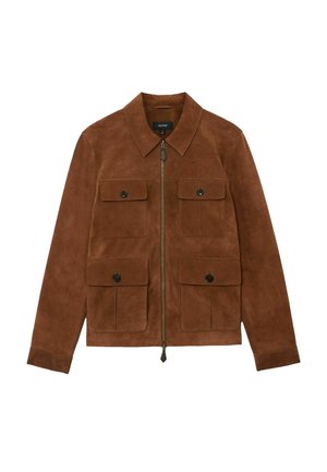 Brown suede jacket with four buttoned flap pockets and a central zipper closure, featuring a classic collar and long sleeves.