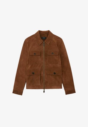 Brown suede jacket with four buttoned flap pockets and a central zipper closure, featuring a classic collar and long sleeves.