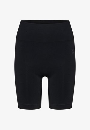 Czarne, bezszwowe szorty rowerowe z wysokim stanem, szerokim paskiem i subtelnym logo w kształcie jodełki na lewym udzie, zaprojektowane do użytku sportowego.