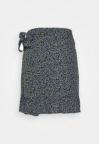 Květinová zavinovací sukně v tmavě modré barvě s malými žlutými a světle modrými vzory. Má stáhnutí v pase a volánový lem. Lehká látka.