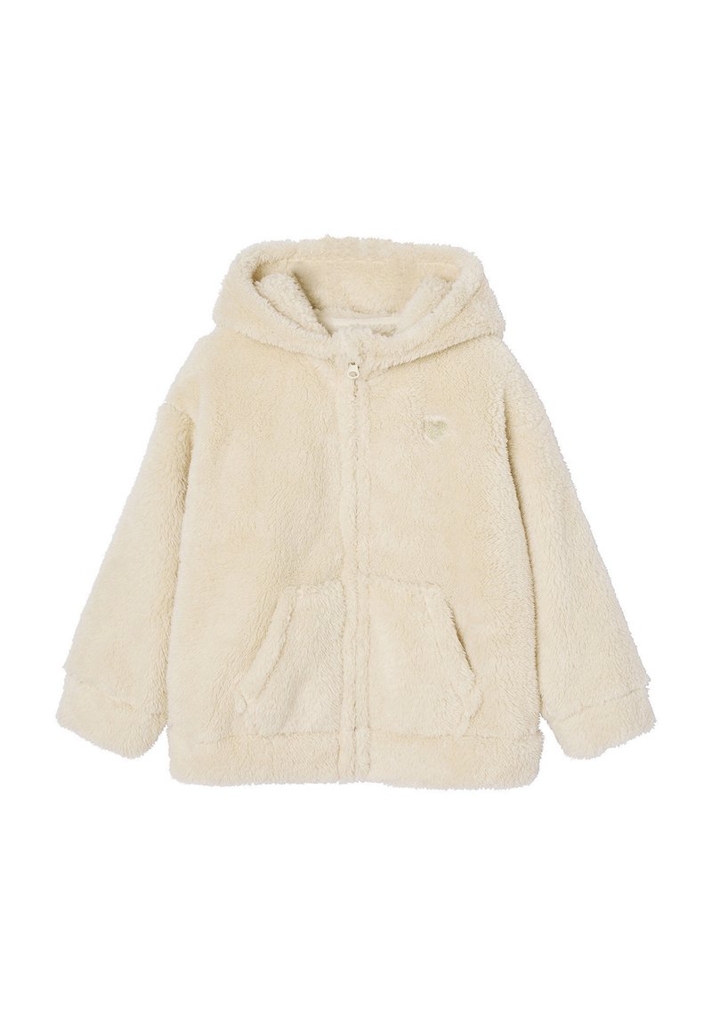 Flauschige, cremefarbene Kapuzenjacke mit einem Frontreißverschluss, zwei Fronttaschen und gefütterter Kapuze; besteht aus weichem, strukturiertem Stoff.
