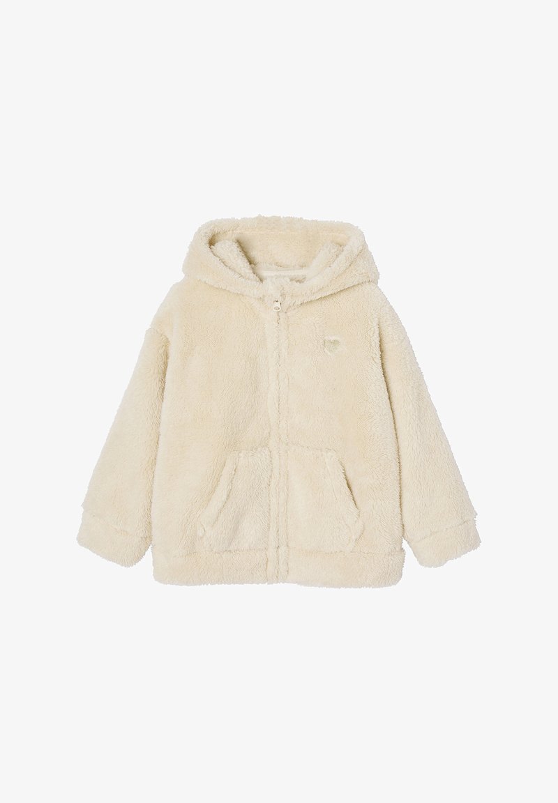 Flauschige, cremefarbene Kapuzenjacke mit einem Frontreißverschluss, zwei Fronttaschen und gefütterter Kapuze; besteht aus weichem, strukturiertem Stoff.