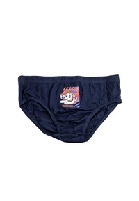 Slip di cotone blu navy con elastico in vita, caratterizzato da un design di un cane dei cartoni animati sul davanti e lievi accenti di colore.