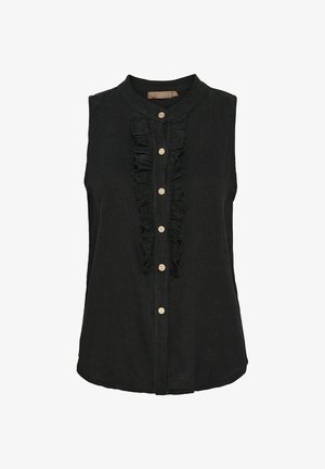 Sort ærmeløs bluse med knaplukning fortil, der har en rynket stolpe og træknapper. Lavet af letvægtsstof med en rund kant.