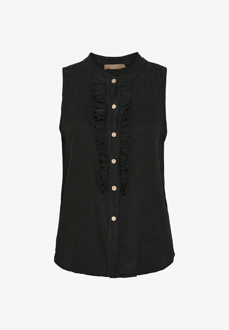 Sort ærmeløs bluse med knaplukning fortil, der har en rynket stolpe og træknapper. Lavet af letvægtsstof med en rund kant.