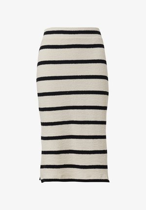 Gestreepte kokerrok in crème en zwart, gemaakt van textuurstof met horizontale strepen, aansluitend ontwerp en kniehoogte.