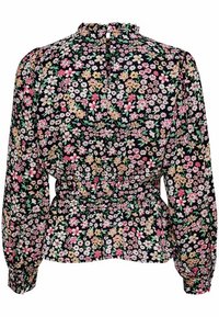 Blouse noire à manches longues avec motif floral rose, blanc et jaune, taille froncée et col haut à volants, vue de dos.