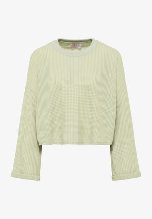 Világoszöld, texturált, rövid fazonú pulóver hosszú ujjal és feltekert mandzsettával. Kerek nyakú és gofriszerű kötésmintával rendelkezik.