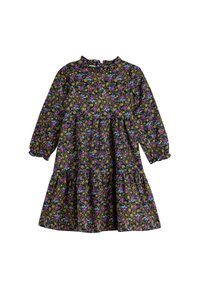 Pitkähihainen mekko, jossa on tumma kangas, jossa on kukkakuvio violeteilla, sinisillä ja keltaisilla sävyillä. Kerroksellinen muotoilu ja korkea kaula-aukko.