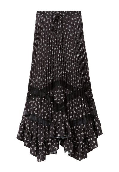 Falda negra plisada con un estampado floral, presenta un dobladillo con volantes, una cintura con cordón y acentos de paneles transparentes.