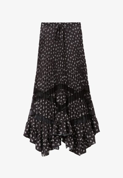 Jupe plissée noire avec un imprimé floral, présentant un ourlet volanté, une taille à cordon et des accents en panneaux transparents.