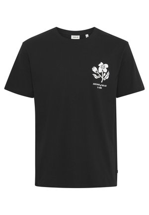 Black cotton t-shirt with round neckline. Features a white floral graphic and "ARCHIVE & SOLID 1999" text on the left chest area.