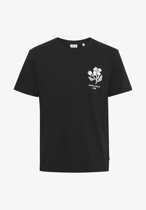 Black cotton t-shirt with round neckline. Features a white floral graphic and "ARCHIVE & SOLID 1999" text on the left chest area.