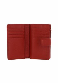 Portafoglio rosso in pelle con una superficie testurizzata. Presenta più scomparti per carte e una chiusura a pattina sicura. L'interno è foderato, offrendo un'ottima organizzazione.