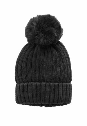 Schwarze gestrickte Mütze mit geripptem Muster, ausgestattet mit einem großen Kunstfell-Pompon oben und einem umgeschlagenen Bund am unteren Ende.