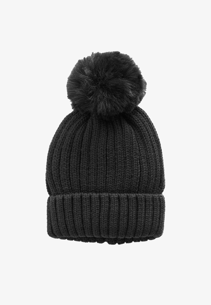Schwarze gestrickte Mütze mit geripptem Muster, ausgestattet mit einem großen Kunstfell-Pompon oben und einem umgeschlagenen Bund am unteren Ende.