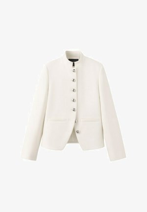 White tailored jacket with stand collar, long sleeves, two front pockets, and six silver round buttons down the front.
