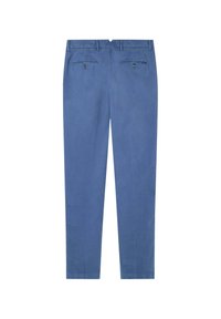 Blauwe katoenen broeken met een rechte pasvorm, twee achterzakken met knopen en een gladde structuur. Geen zichtbare patronen of accenten.