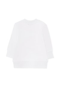 Felpa bianca, collo rotondo, maniche lunghe, polsini e orlo a costine, tessuto di cotone morbido, senza motivi o grafiche, design minimalista.