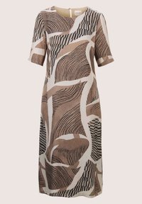 Beiges Kleid mit kurzen Ärmeln, das abstrakte braune und schwarze Muster aufweist, einen runden Ausschnitt hat und einen Knopfverschluss im Rücken.