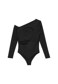 Costume intero nero con maniche lunghe, scollatura asimmetrica e dettaglio con taglio frontale sotto la spalla.