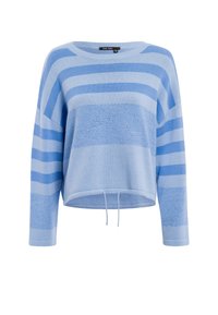 Hellblauer, cropped Pullover mit horizontalen Streifen in verschiedenen Schattierungen. Verfügt über einen runden Ausschnitt, lange Ärmel und einen Kordelzug am Saum.