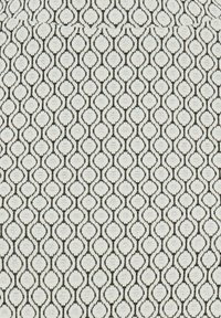 Textilstoff mit einem komplizierten, sich wiederholenden Muster aus ovalen Formen in Weiß und Schwarz, mit einer strukturierten Oberfläche.
