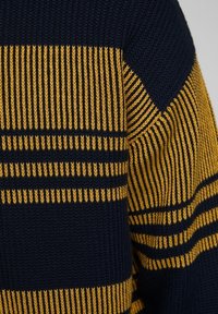 Marinblå och guldrandig stickad tröja med vertikala och horisontella mönster, ribbat material och kontrasterande sömdetaljer.