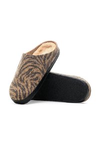 Zapatillas de fieltro con un patrón de rayas de cebra en marrón y negro. Interior suave y suela negra duradera para mayor comodidad y soporte.