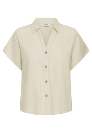 Blouse beige à manches courtes avec col et quatre boutons sur le devant, fabriquée dans un tissu léger.