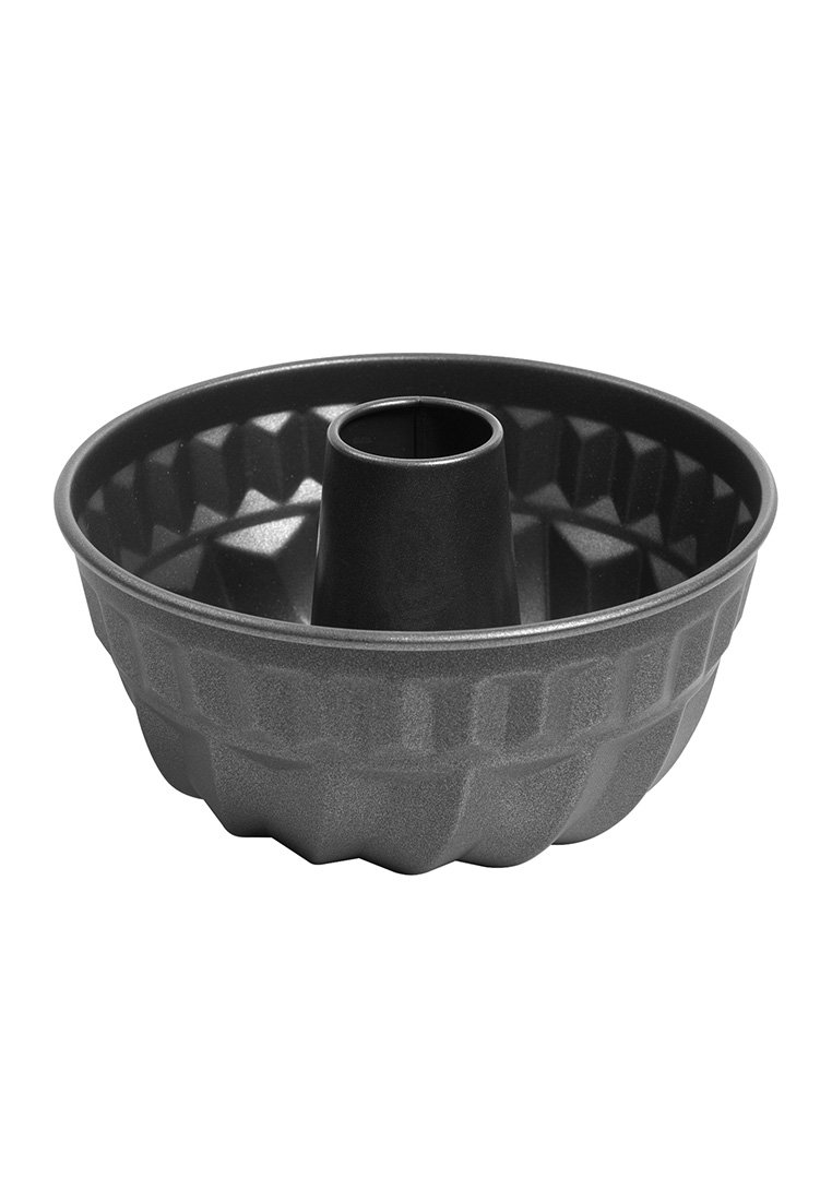 Kugelhopf-Backform aus dunklem Metall, mit einer geriffelten Außenseite, zentralem Rohr und einer glatten Innenfläche für ein einfaches Lösen.