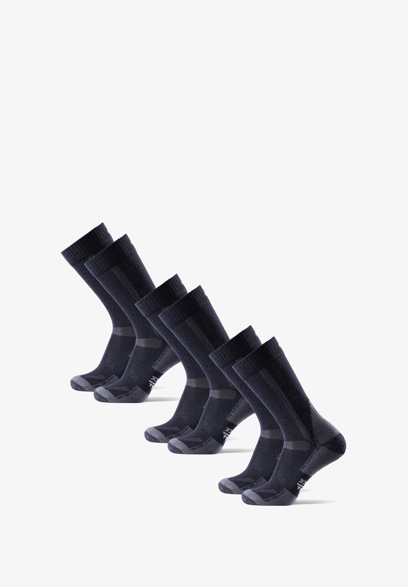 Calcetines azul oscuro con puños acanalados, punteras reforzadas y patrones texturizados. Cuatro pares idénticos dispuestos en fila, mostrando un diseño consistente.