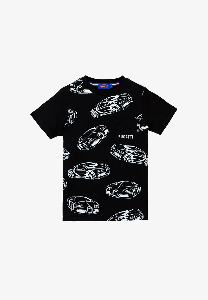 T-shirt nera con grafiche di auto Bugatti contornate in bianco. Presenta una piccola tasca con etichetta "BUGATTI". Maniche corte, collo rotondo.