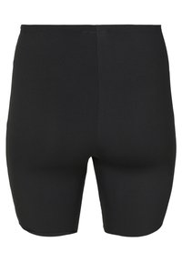 Crne kupaće hlače izrađene od glatkog, rastezljivog materijala. Imaju prilagođeni kroj i elastičnu waistband bez dodatnih detalja ili uzoraka.