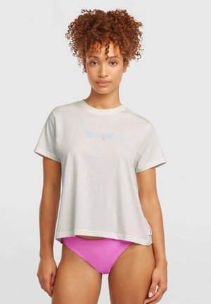 Light gray cotton t-shirt with a loose fit, round neckline, and short sleeves, featuring blue floral embroidery on the chest.