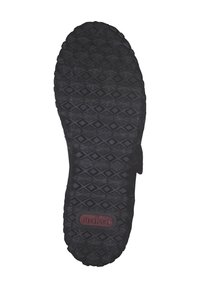 Schwarze Gummisohle mit Wabenmuster, strukturiert für Traktion. Enthält das eingeprägte Markenlogo in Rot. Größe angegeben als 38.