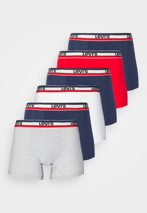 Fem par Levi's boxershorts i grå, marineblå, rød, hvid og grå, med en mærke-elastisk talje med røde accenter.
